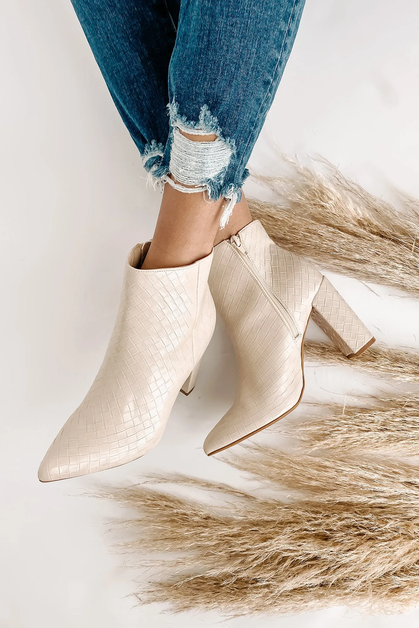 Tabby Faux Leather Woven Textured Booties (Ivory)