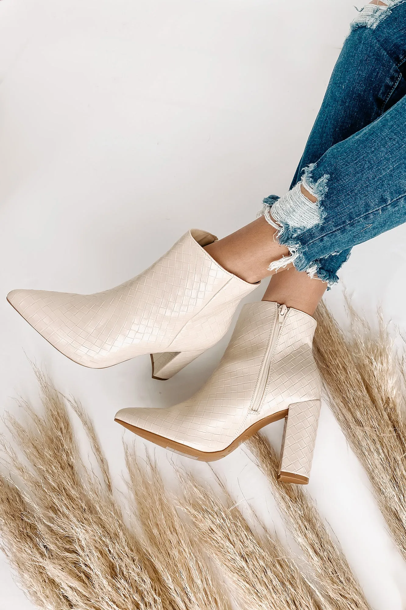 Tabby Faux Leather Woven Textured Booties (Ivory)