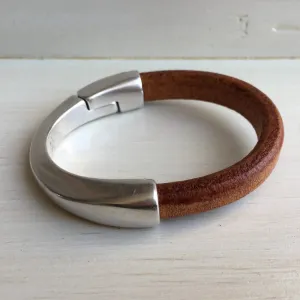 Tan/Beige Thick Leather Bracelet w/ Silver Half Cuff Magnetic Clasp