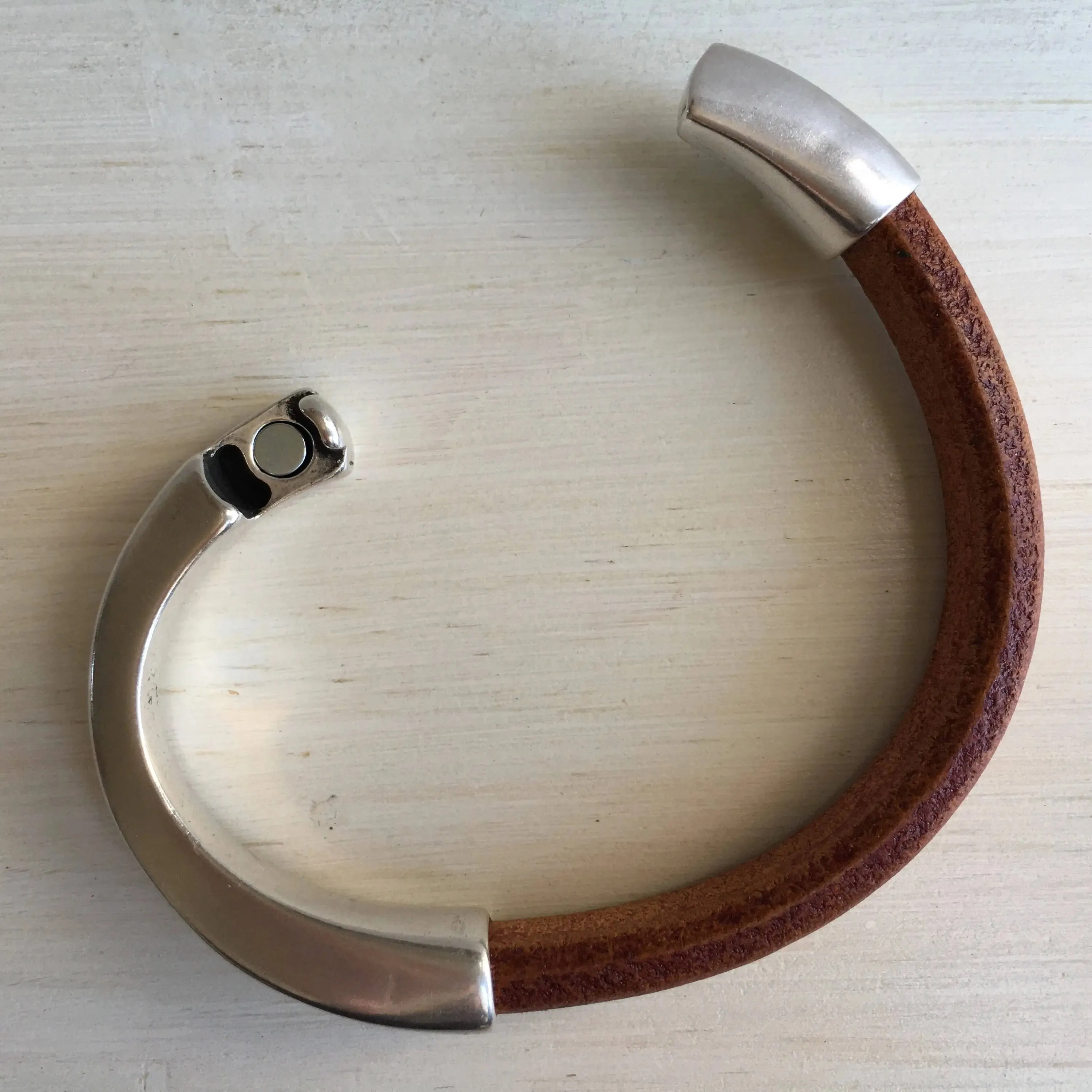Tan/Beige Thick Leather Bracelet w/ Silver Half Cuff Magnetic Clasp