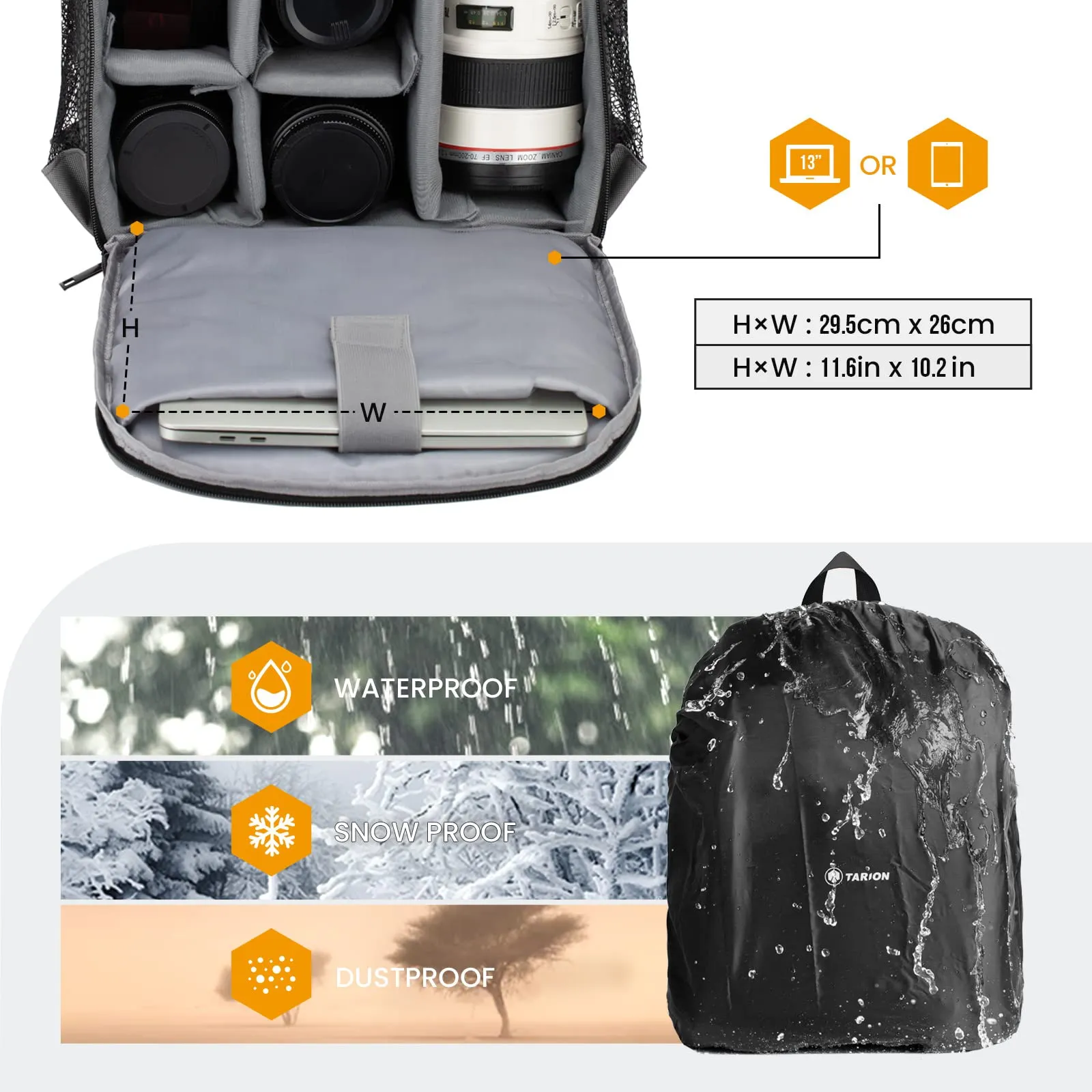 TARION Camera Backpack, Professional DSLR Camera Bag, Photograhy Backpack with Rain Cover Laptop Compartment