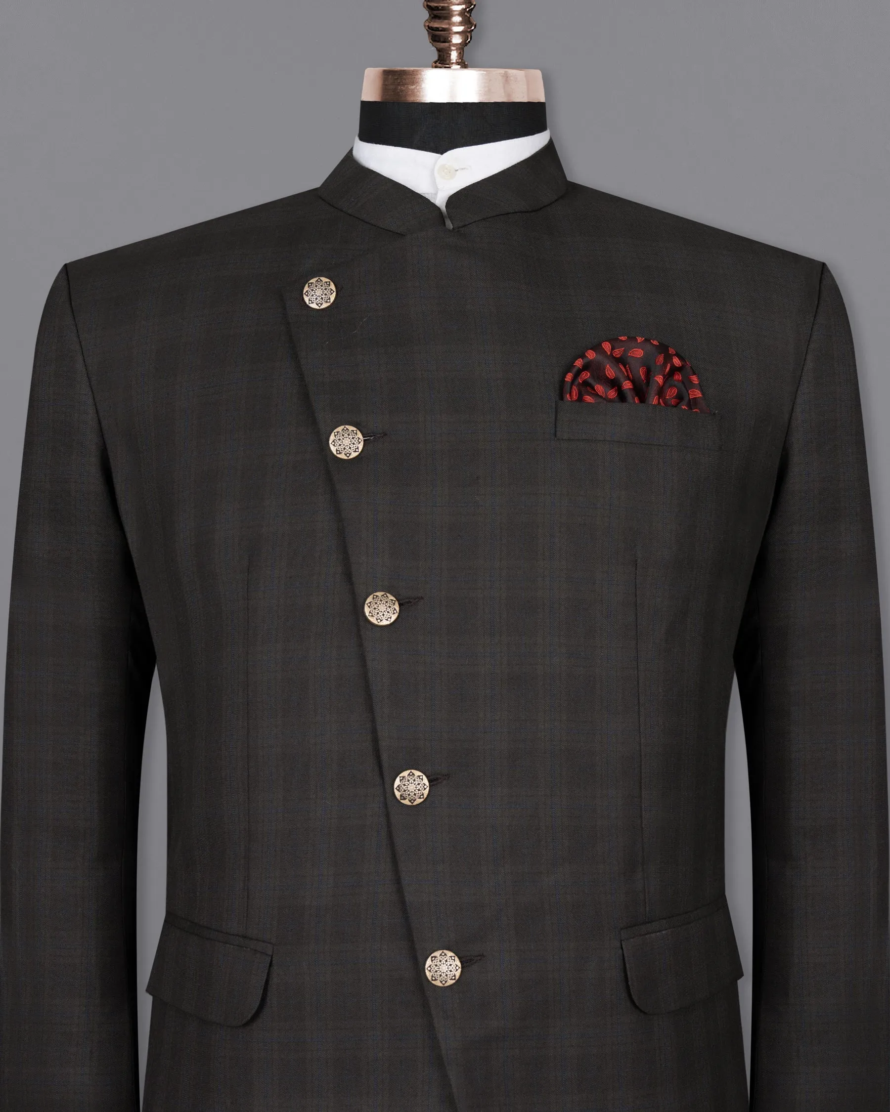 Thunder brown Plaid Cross Buttoned Bandhgala Wool Rich Blazer