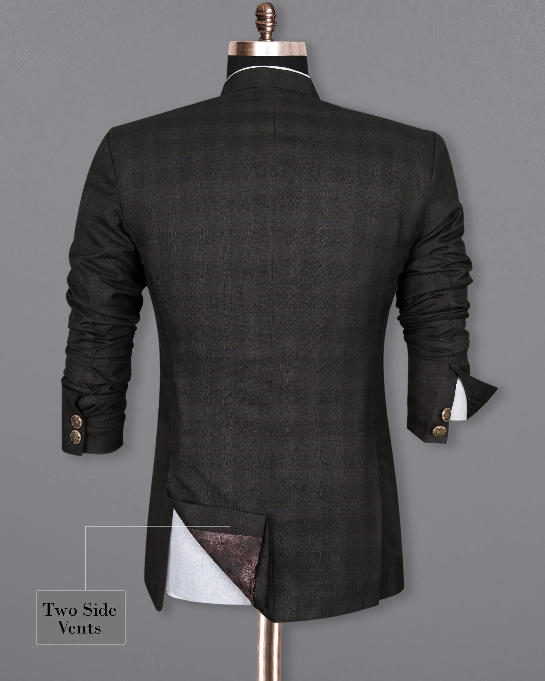 Thunder brown Plaid Cross Buttoned Bandhgala Wool Rich Blazer