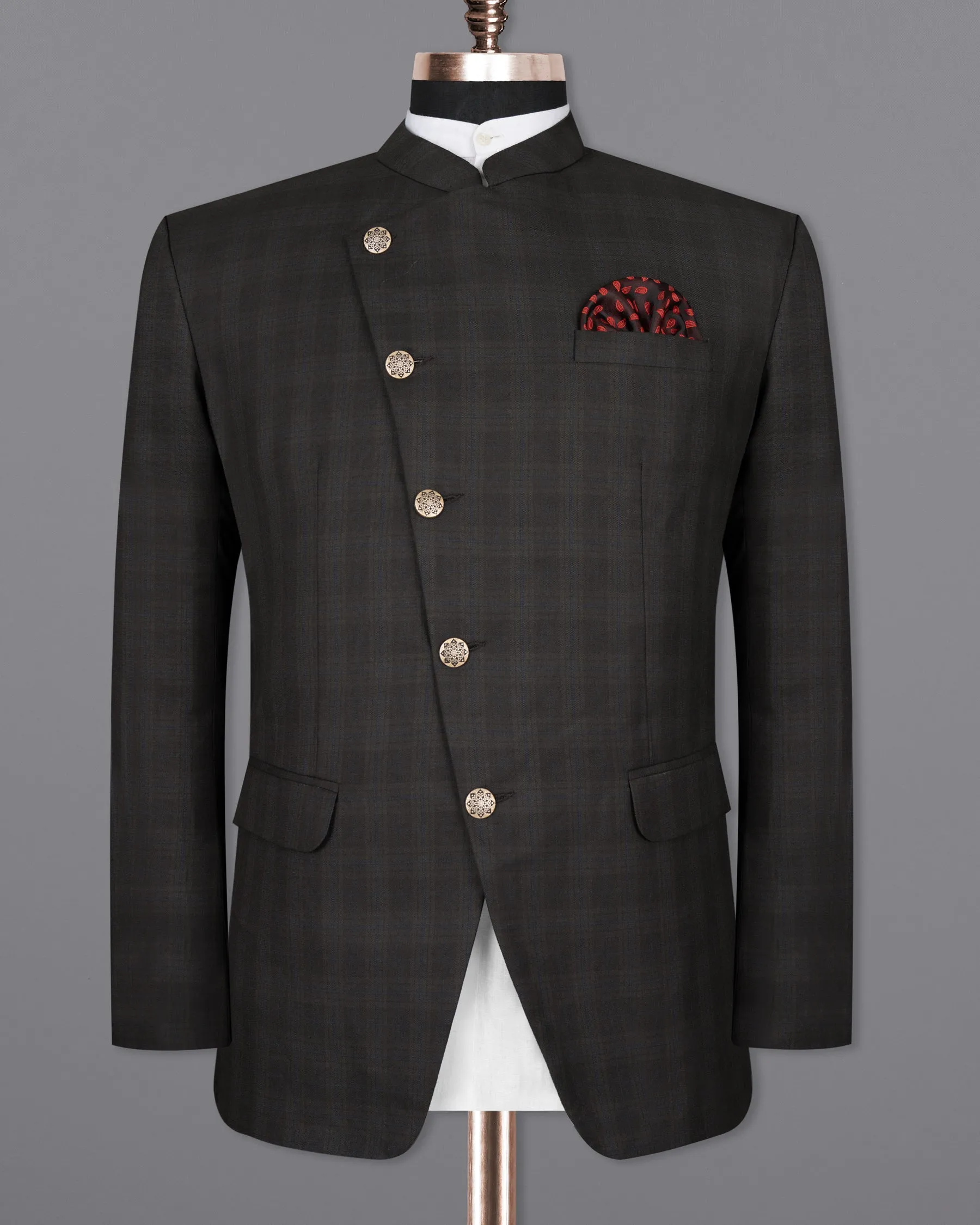Thunder brown Plaid Cross Buttoned Bandhgala Wool Rich Blazer
