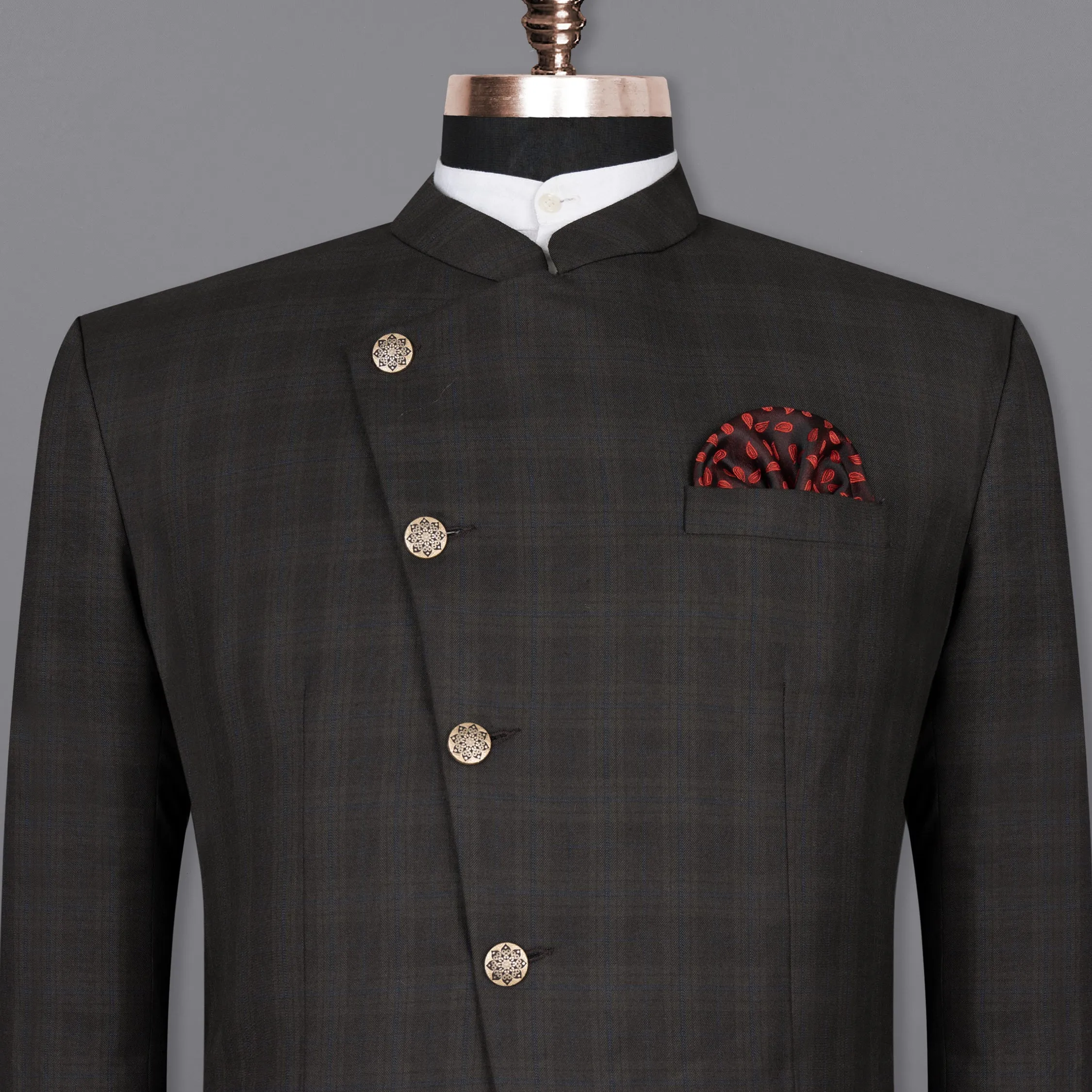 Thunder brown Plaid Cross Buttoned Bandhgala Wool Rich Blazer