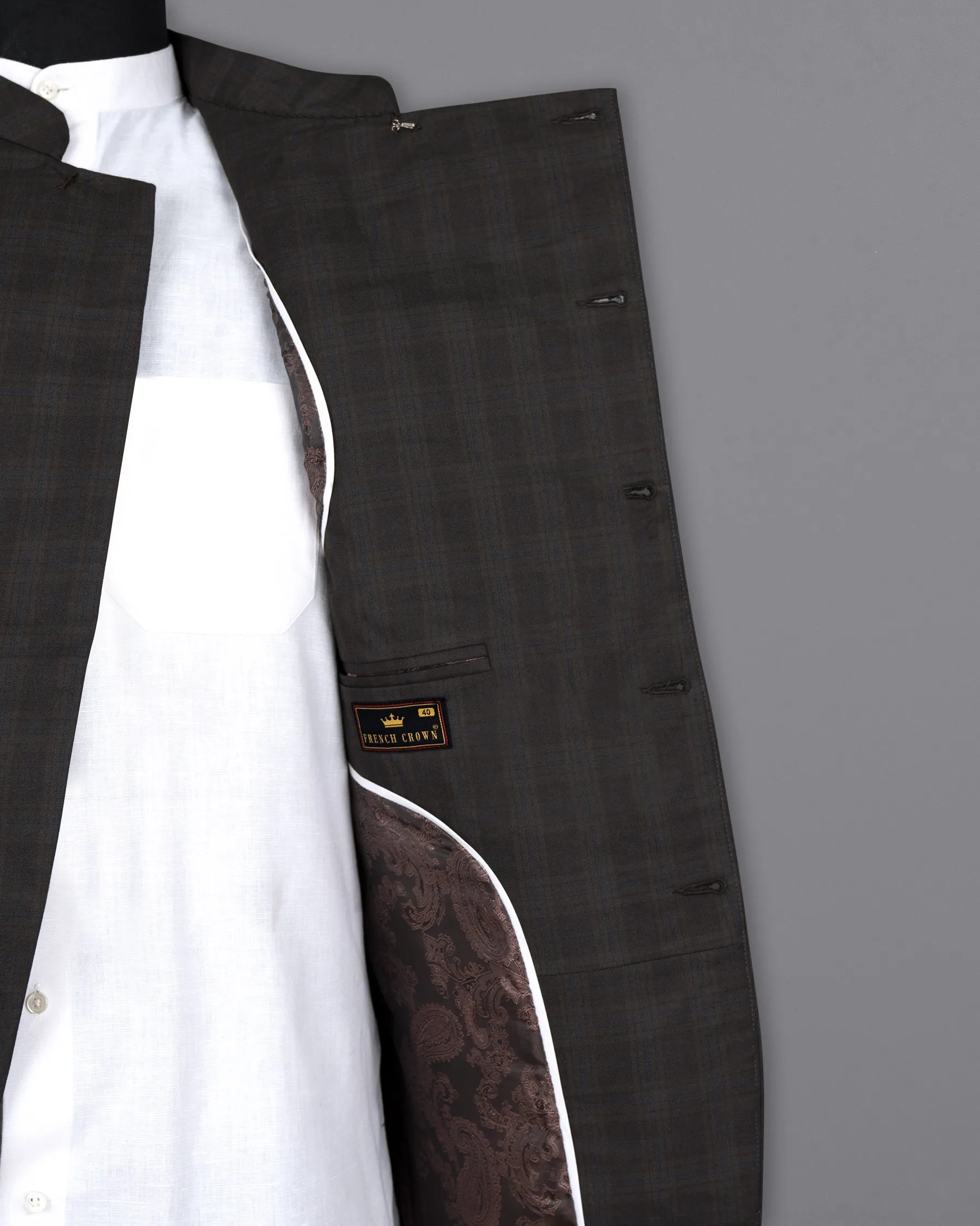 Thunder brown Plaid Cross Buttoned Bandhgala Wool Rich Blazer