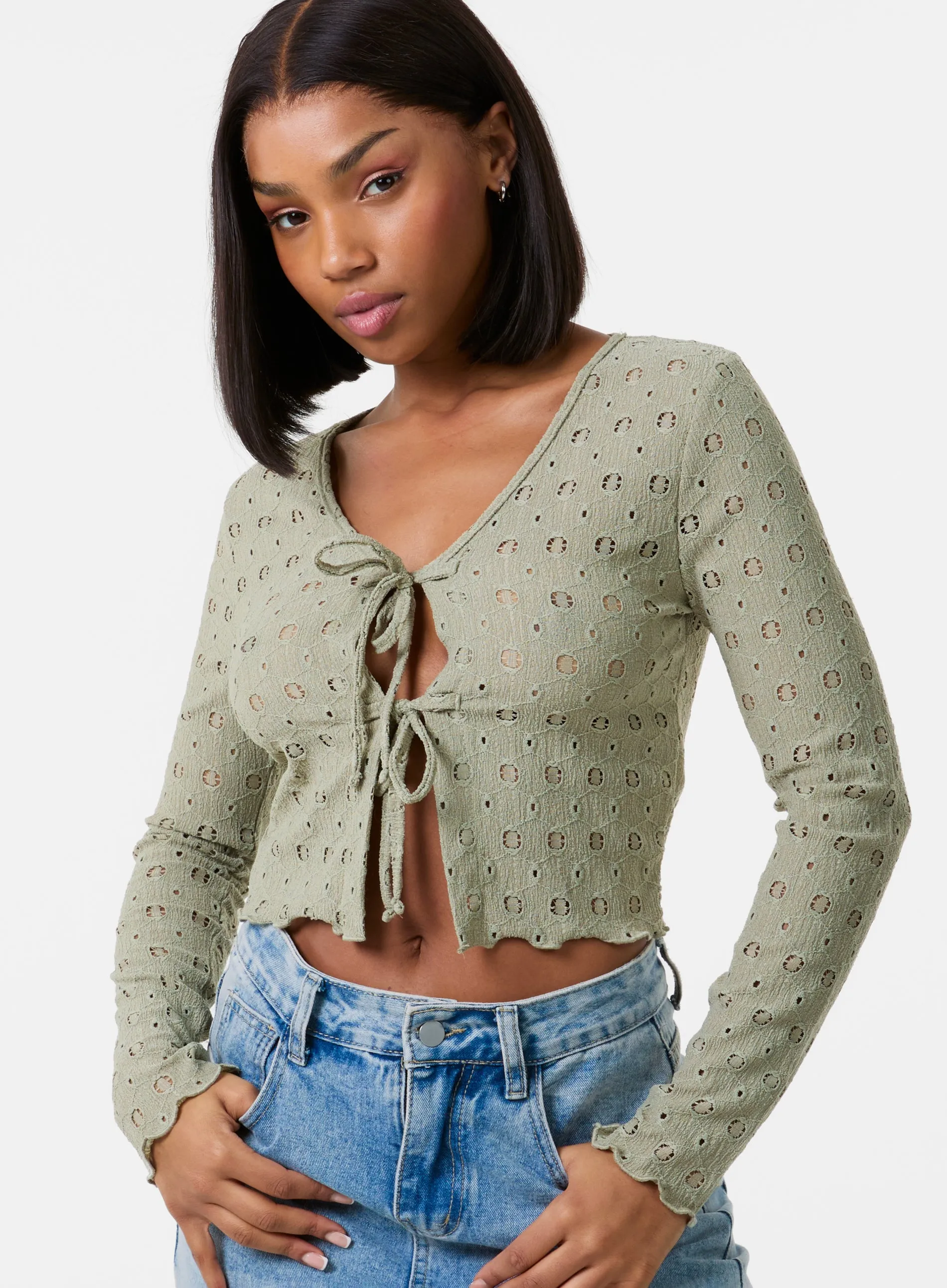 Tie Front Cutwork Cardigan