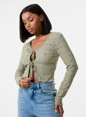 Tie Front Cutwork Cardigan