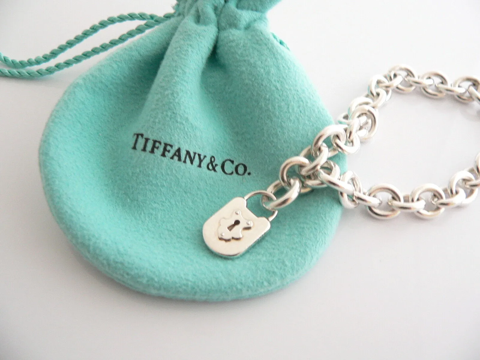 Tiffany & Co Silver Padlock Key Locks Bracelet Bangle Charm Pendant Gift Pouch
