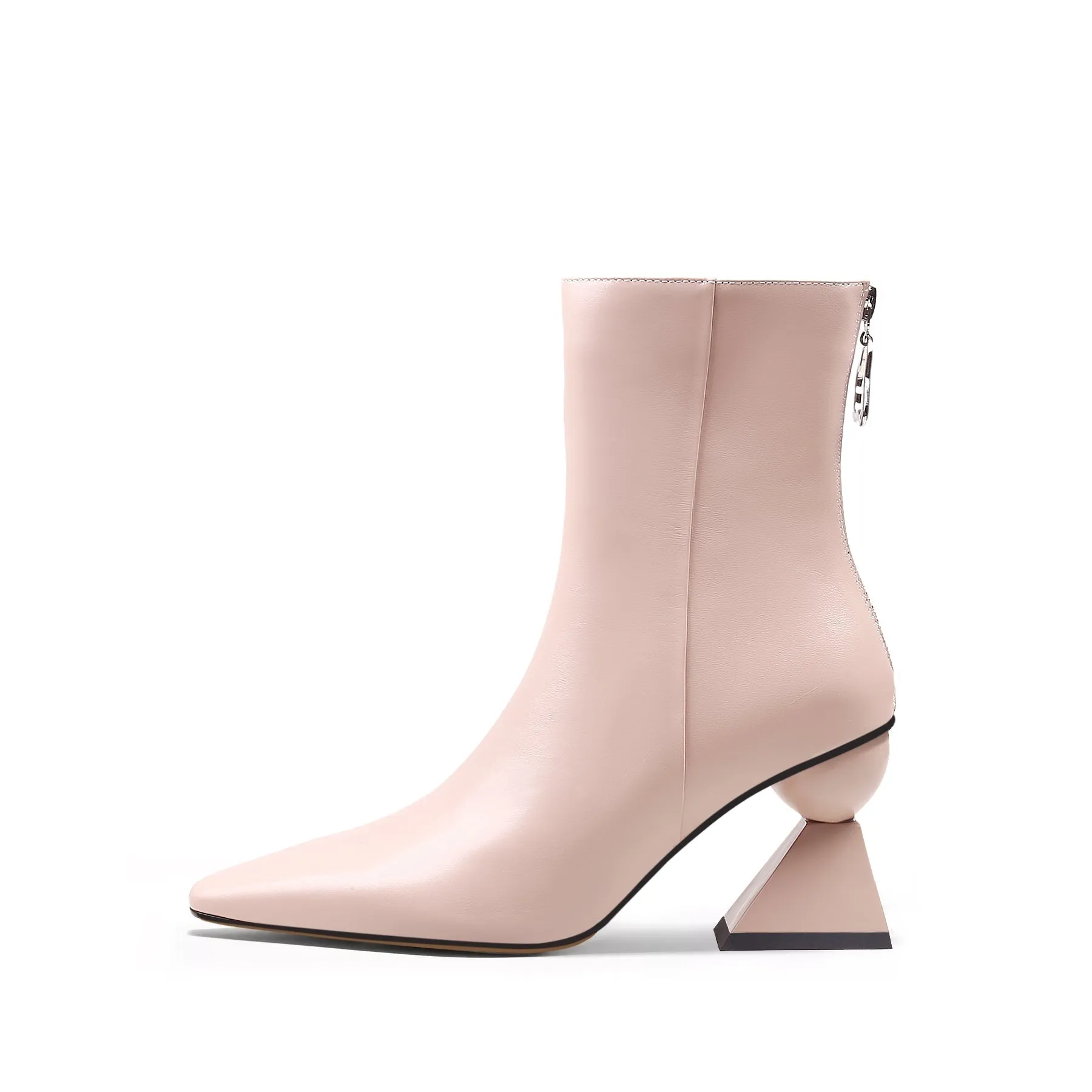 Triangular-Heel Leather Bootie - Pink