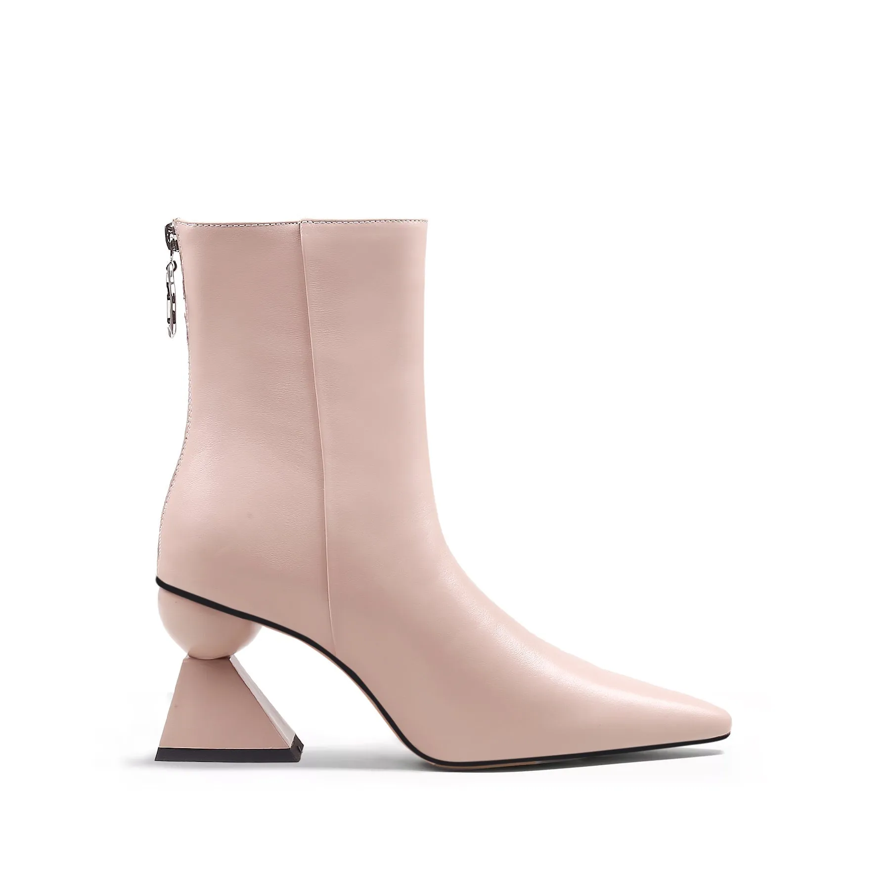 Triangular-Heel Leather Bootie - Pink