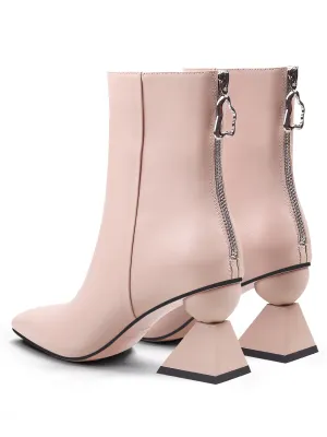 Triangular-Heel Leather Bootie - Pink
