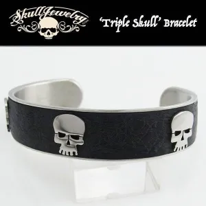 Triple Skull 'Punisher' Leather & Stainless Bangle Bracelet (#852)
