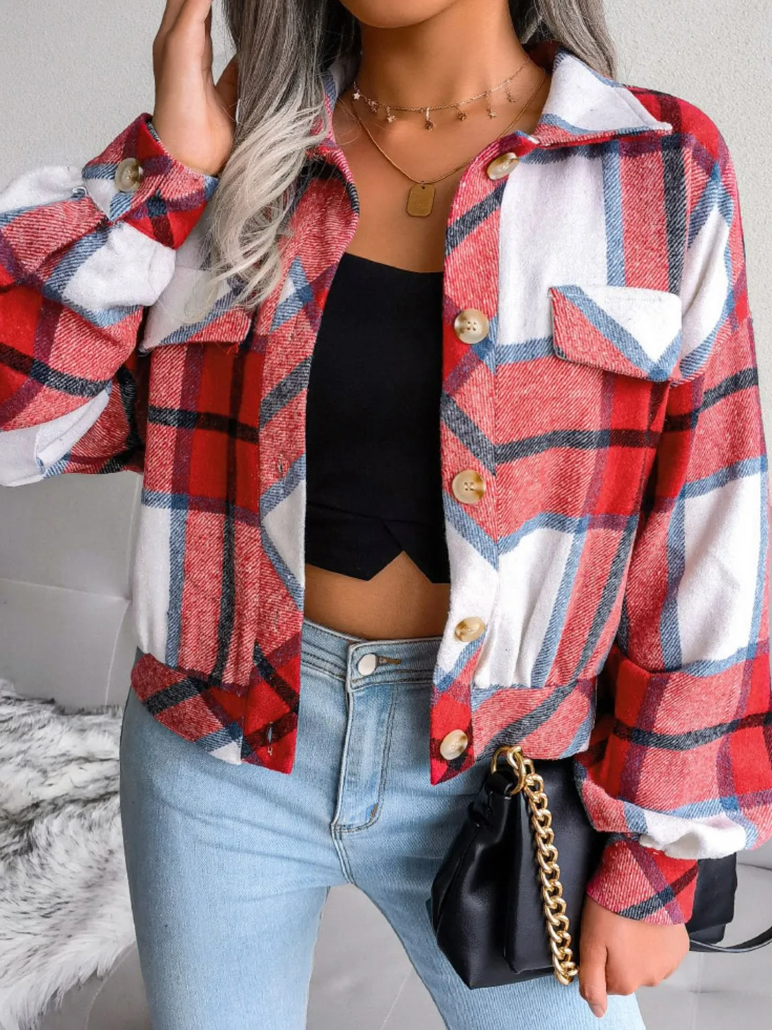 Tyller Plaid Collared Neck Drop Shoulder Jacket