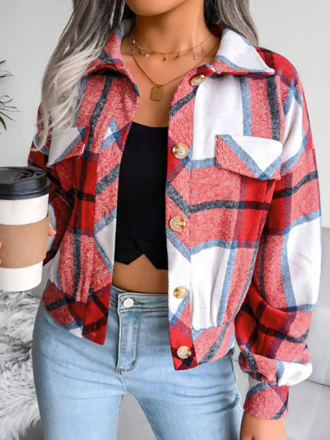 Tyller Plaid Collared Neck Drop Shoulder Jacket