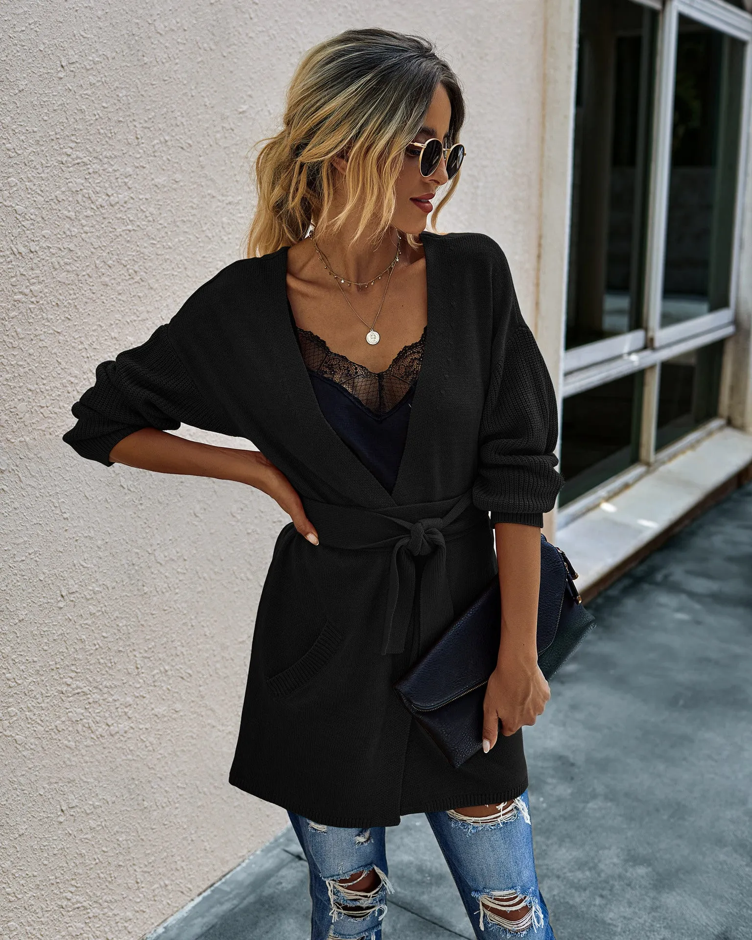 V-neck Bow Tie Knit Cardigans