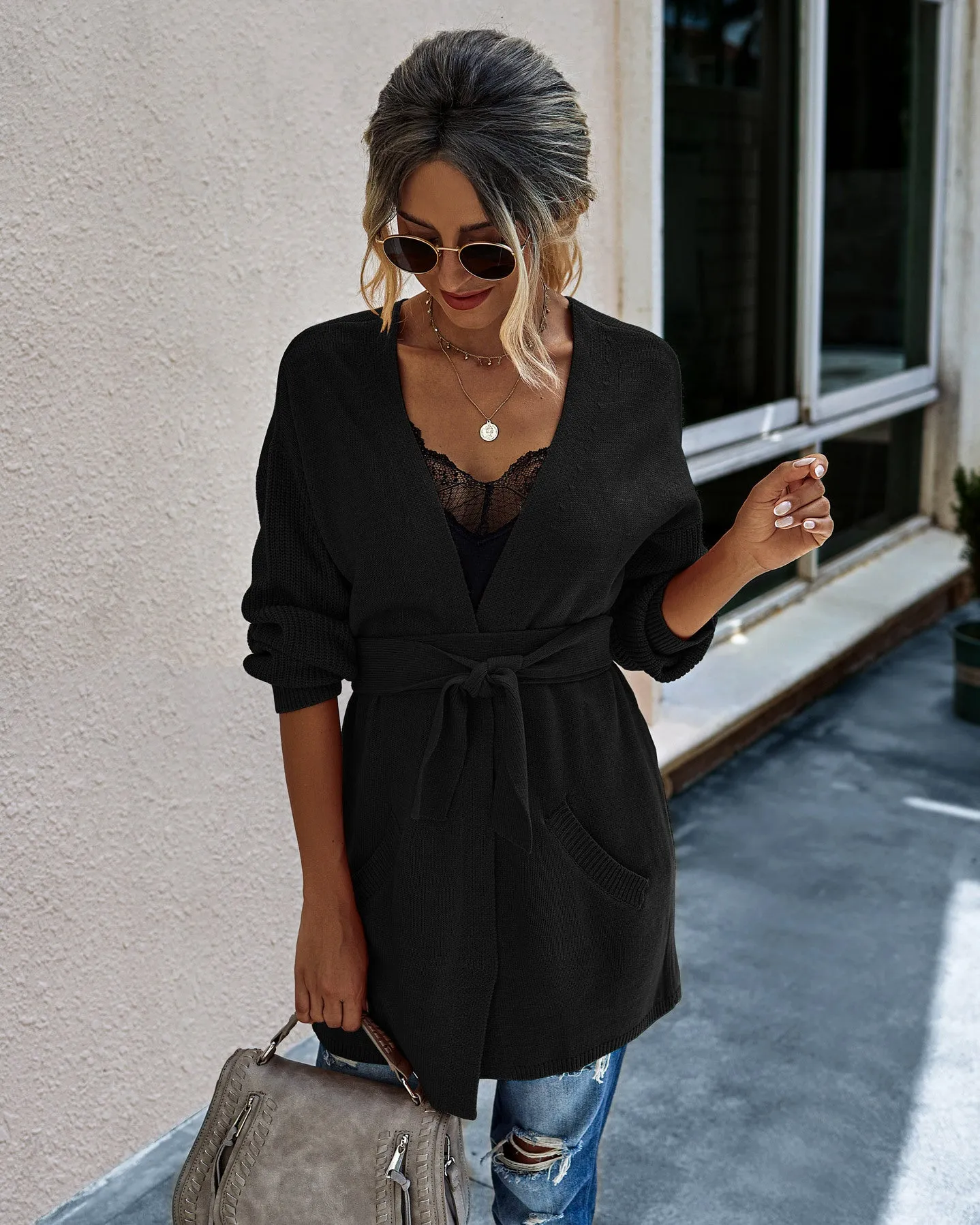 V-neck Bow Tie Knit Cardigans