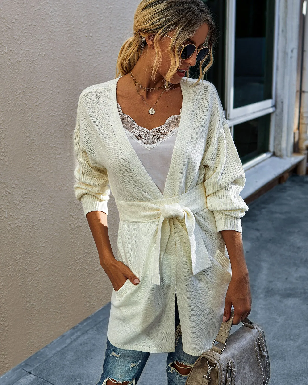 V-neck Bow Tie Knit Cardigans
