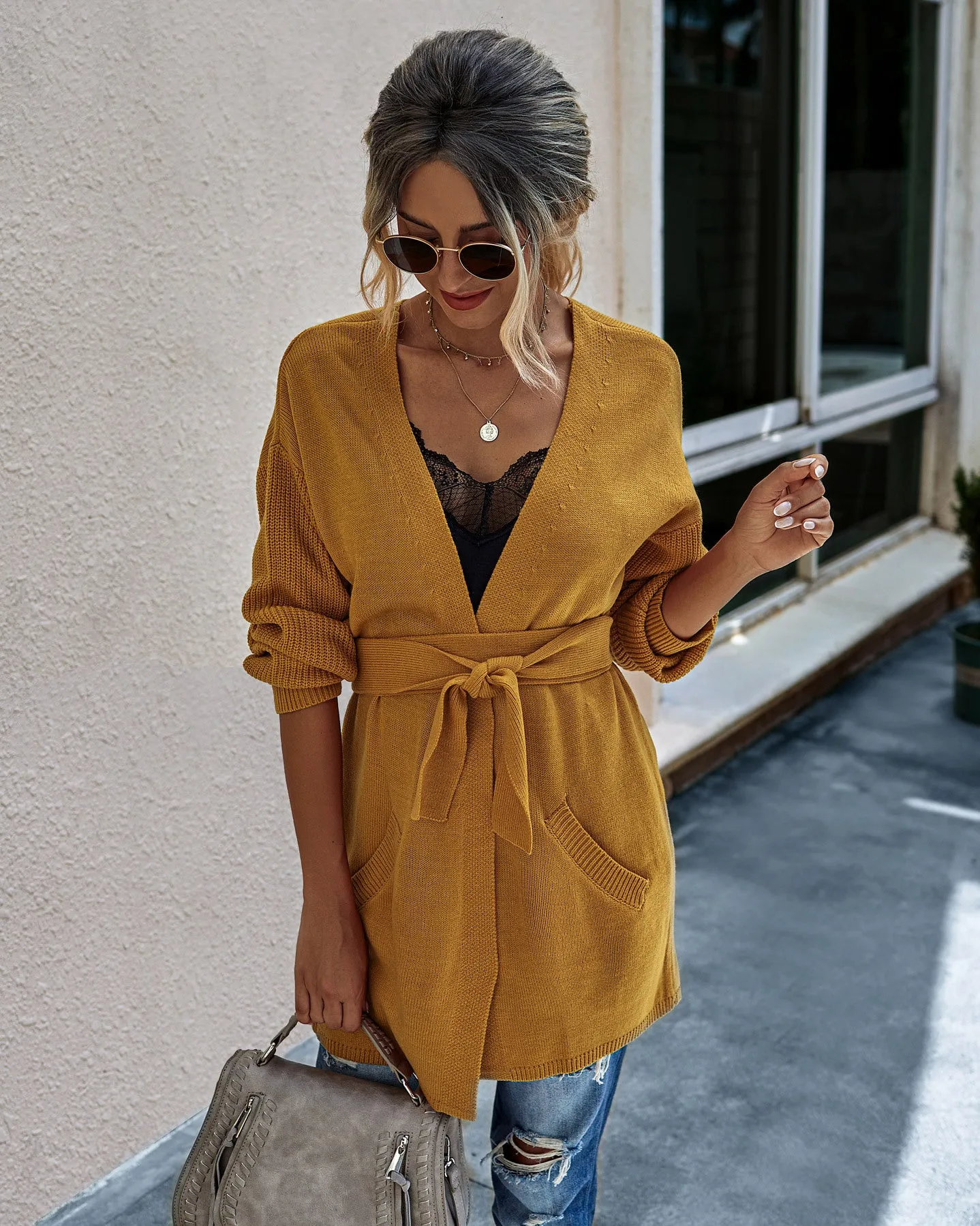 V-neck Bow Tie Knit Cardigans