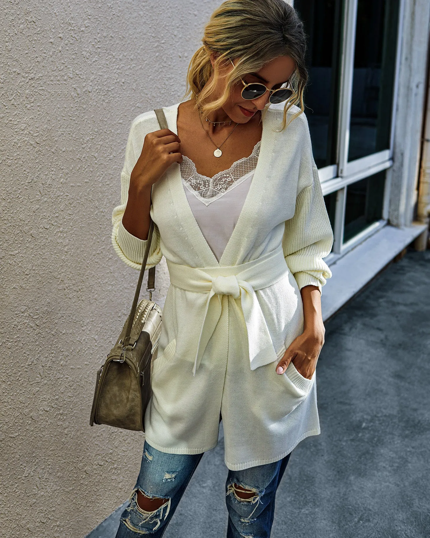 V-neck Bow Tie Knit Cardigans