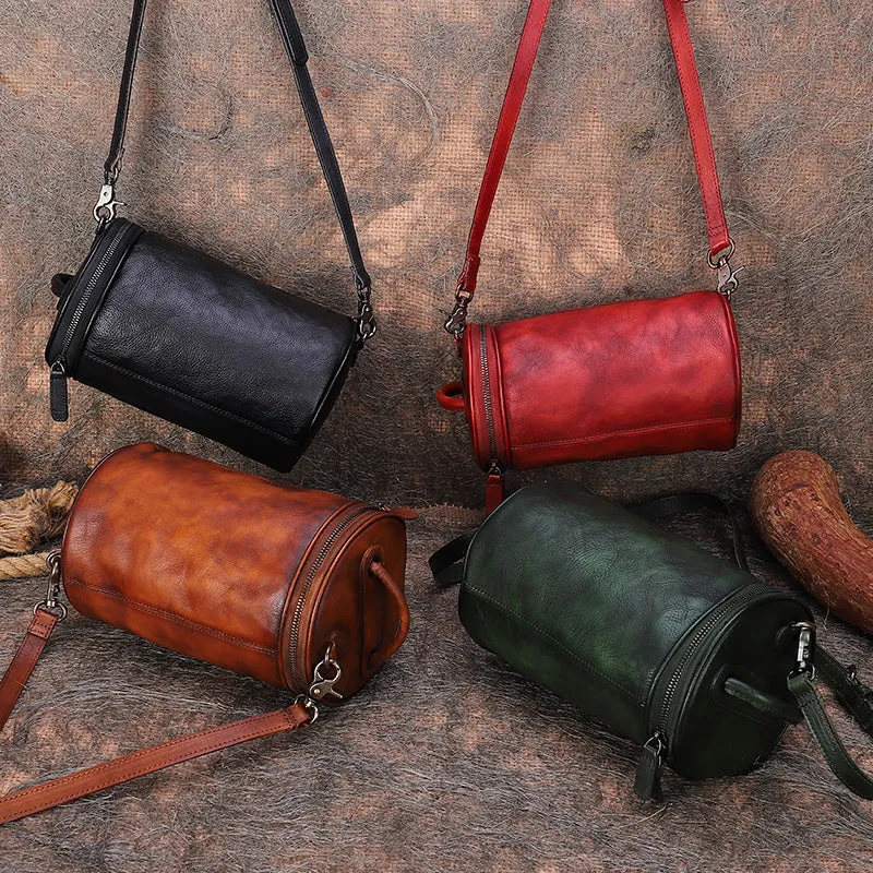 Vintage Black Gray Leather Womens Barrel Shoulder Bag Bucket Crossbody Purse for Women