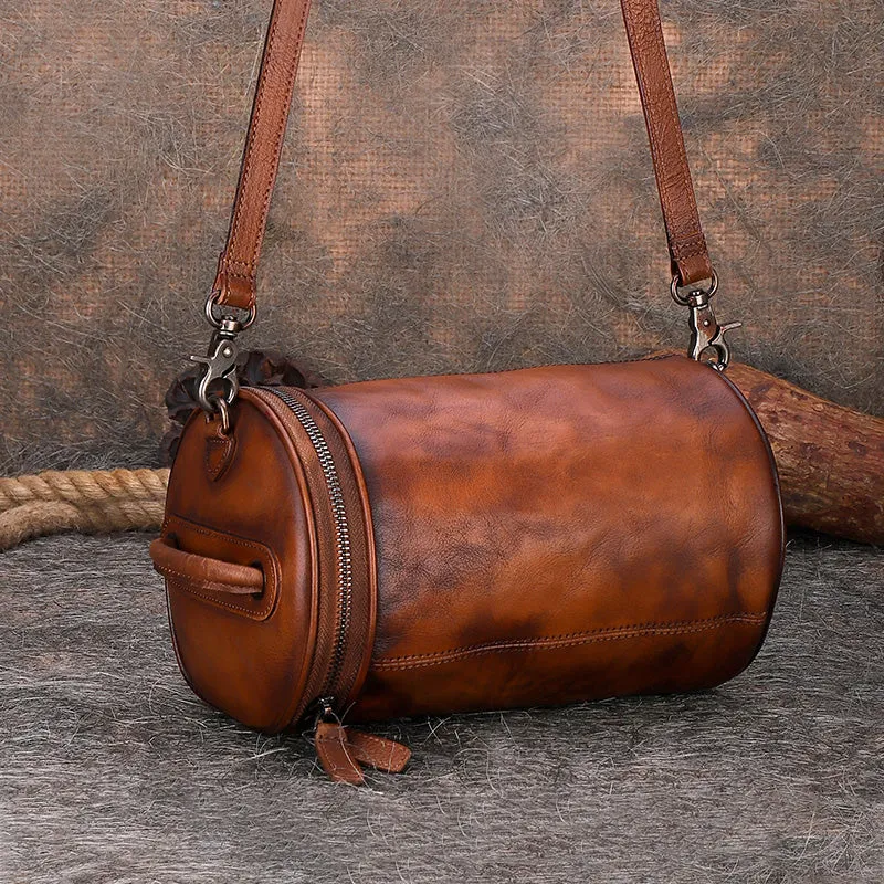 Vintage Black Gray Leather Womens Barrel Shoulder Bag Bucket Crossbody Purse for Women