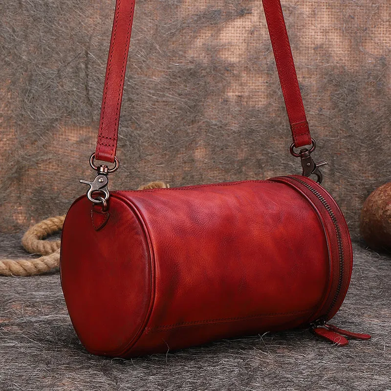 Vintage Black Gray Leather Womens Barrel Shoulder Bag Bucket Crossbody Purse for Women