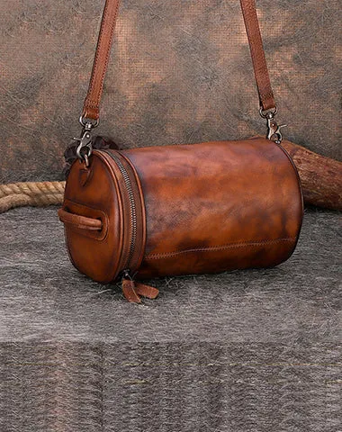 Vintage Black Gray Leather Womens Barrel Shoulder Bag Bucket Crossbody Purse for Women