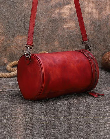 Vintage Black Gray Leather Womens Barrel Shoulder Bag Bucket Crossbody Purse for Women