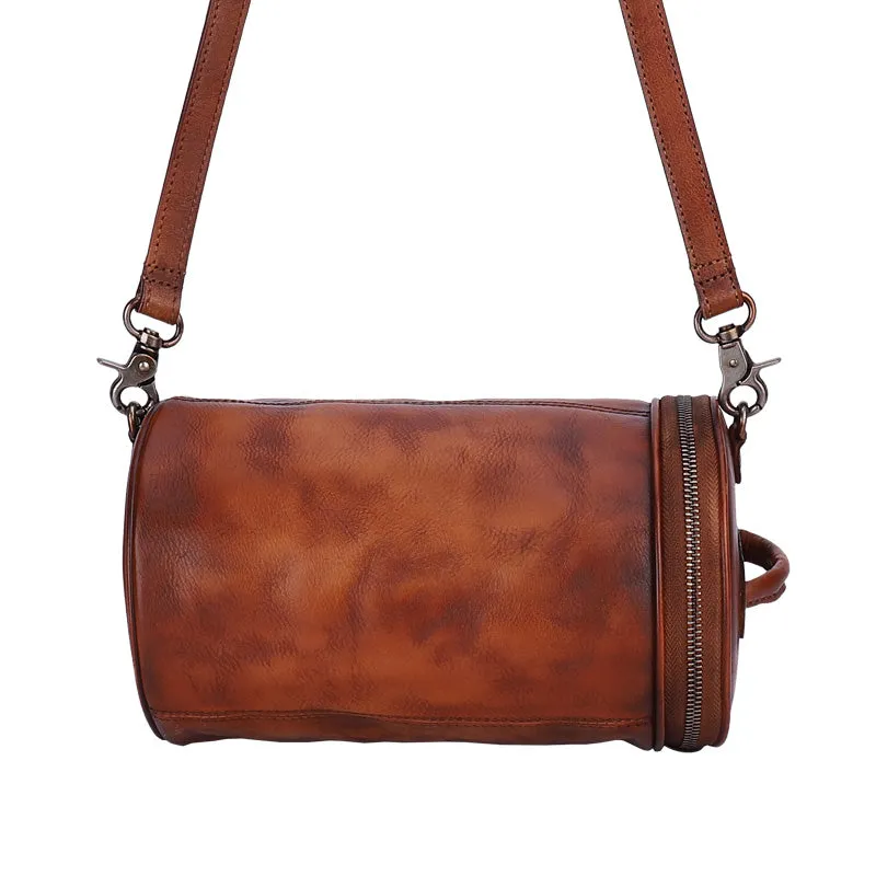 Vintage Black Gray Leather Womens Barrel Shoulder Bag Bucket Crossbody Purse for Women