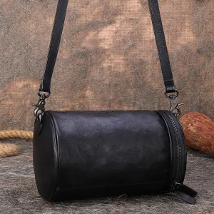 Vintage Black Gray Leather Womens Barrel Shoulder Bag Bucket Crossbody Purse for Women