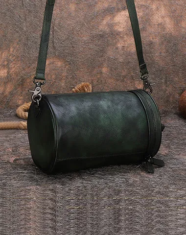 Vintage Black Gray Leather Womens Barrel Shoulder Bag Bucket Crossbody Purse for Women