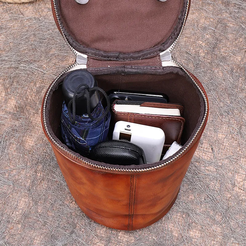 Vintage Black Gray Leather Womens Barrel Shoulder Bag Bucket Crossbody Purse for Women