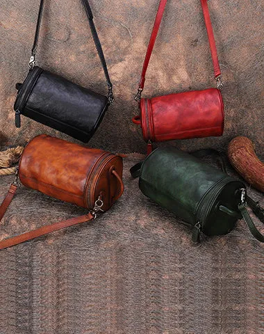 Vintage Black Gray Leather Womens Barrel Shoulder Bag Bucket Crossbody Purse for Women