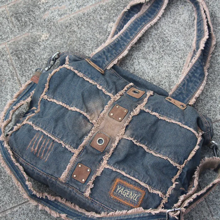 Vintage Blue Denim Womens HandBag Courier Bags Blue Denim Messenger Bags For Men