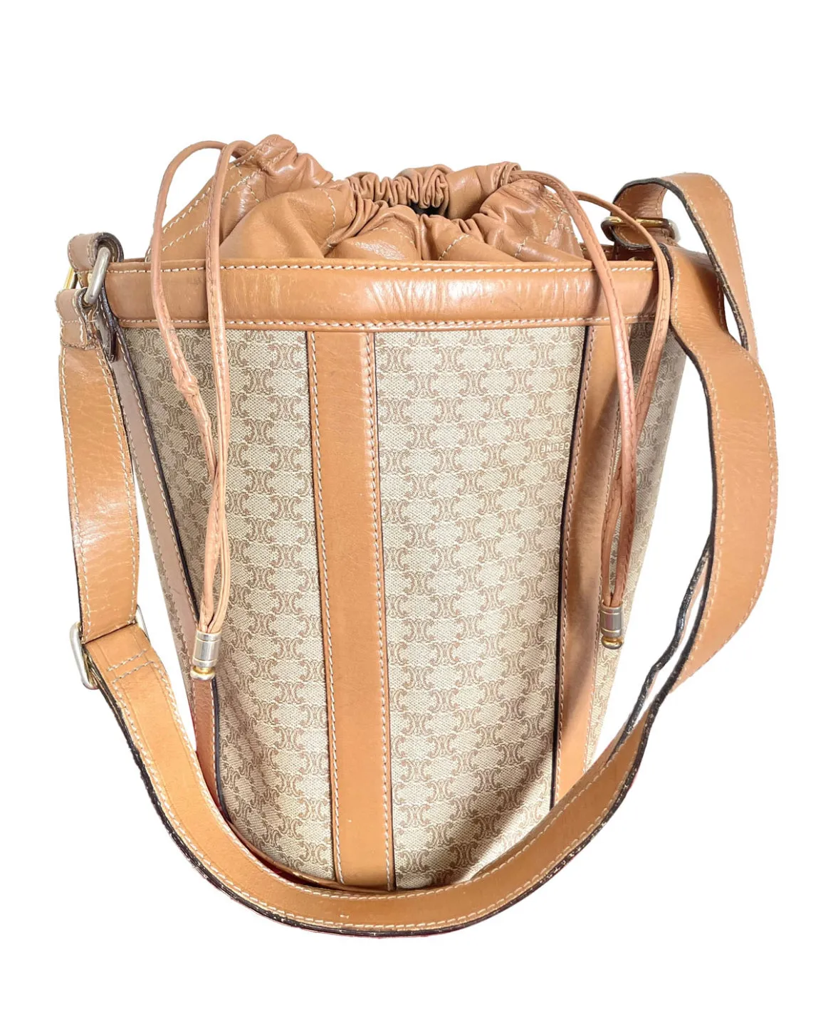 Vintage Celine round box shape hobo bucket shoulder purse in classic brown macadam blaison pattern with leather strap. 050111an1