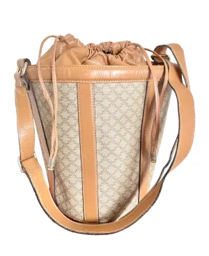 Vintage Celine round box shape hobo bucket shoulder purse in classic brown macadam blaison pattern with leather strap. 050111an1