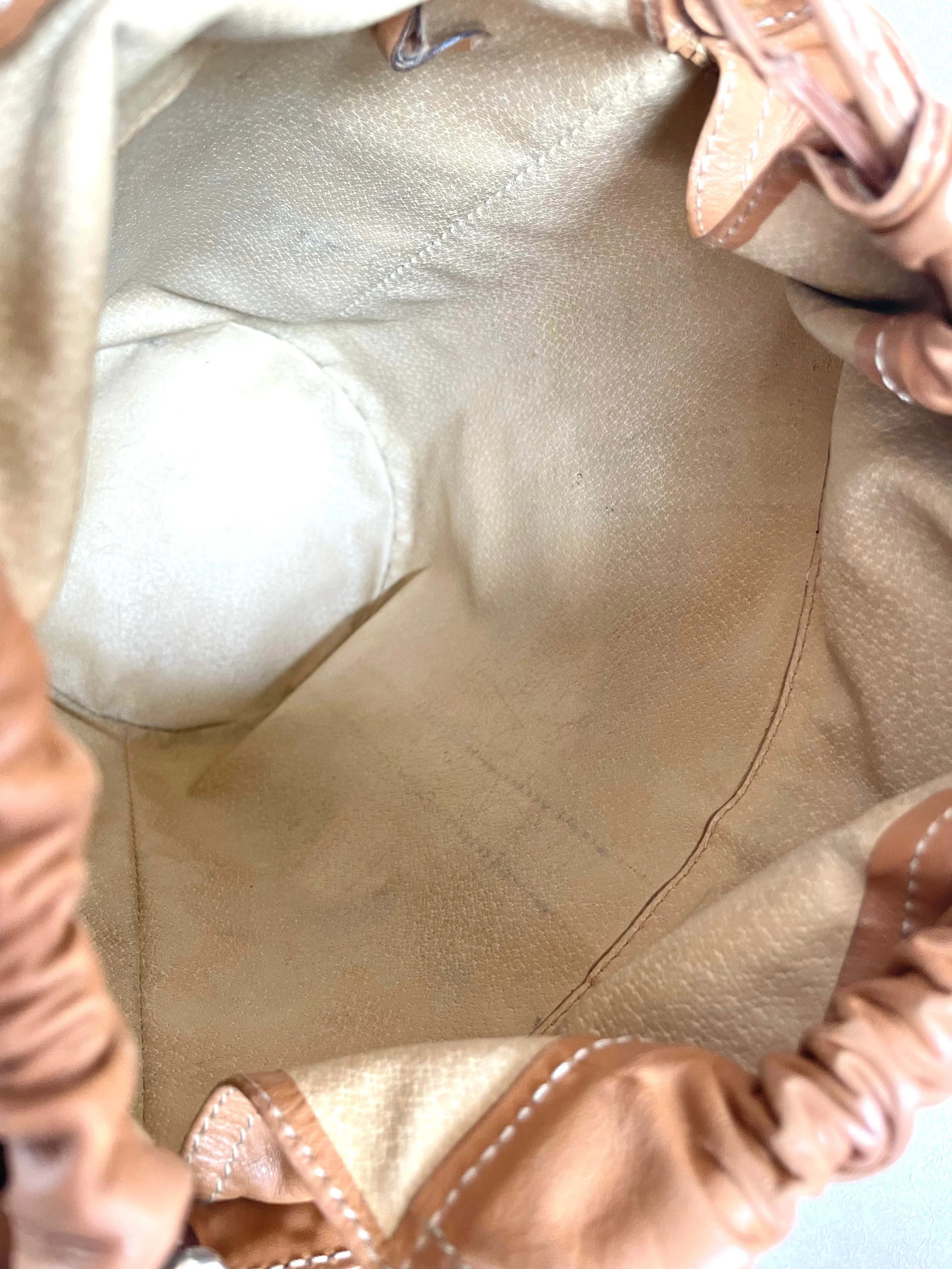 Vintage Celine round box shape hobo bucket shoulder purse in classic brown macadam blaison pattern with leather strap. 050111an1