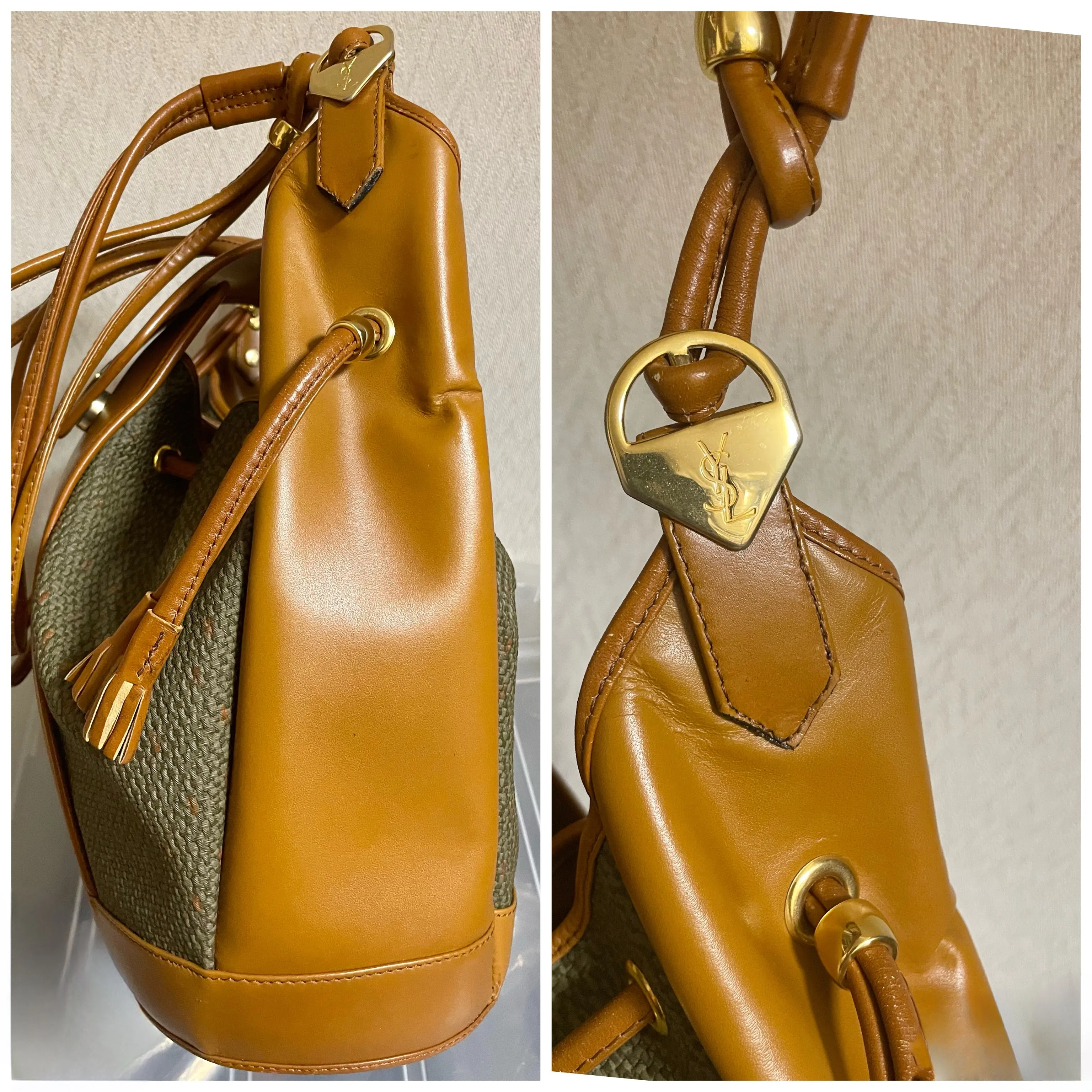 Vintage Yves Saint Laurent  hobo bucket shoulder bag with camel brown leather trimmings and golden logo plate. YSL classic purse. 060823ac
