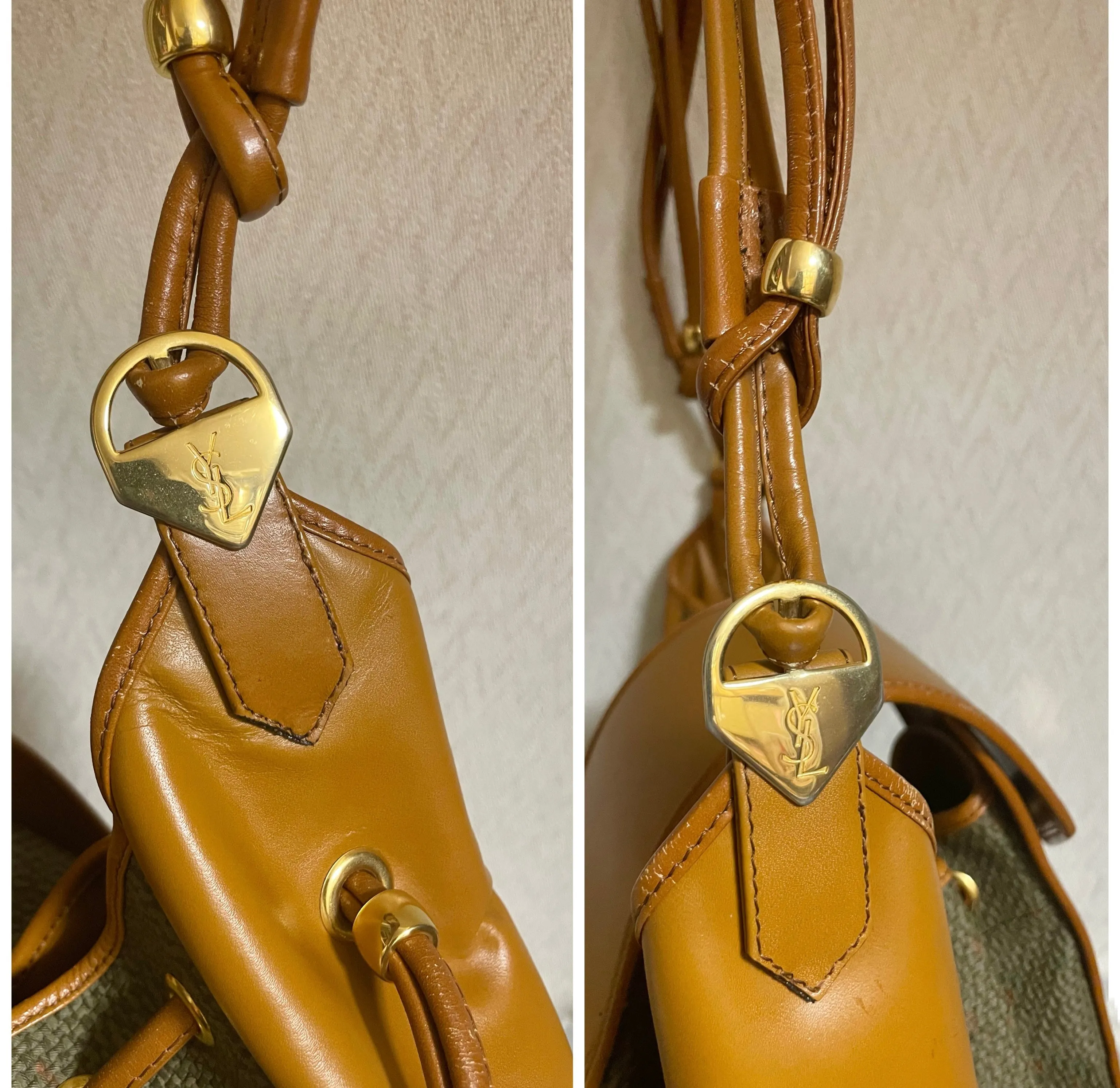 Vintage Yves Saint Laurent  hobo bucket shoulder bag with camel brown leather trimmings and golden logo plate. YSL classic purse. 060823ac