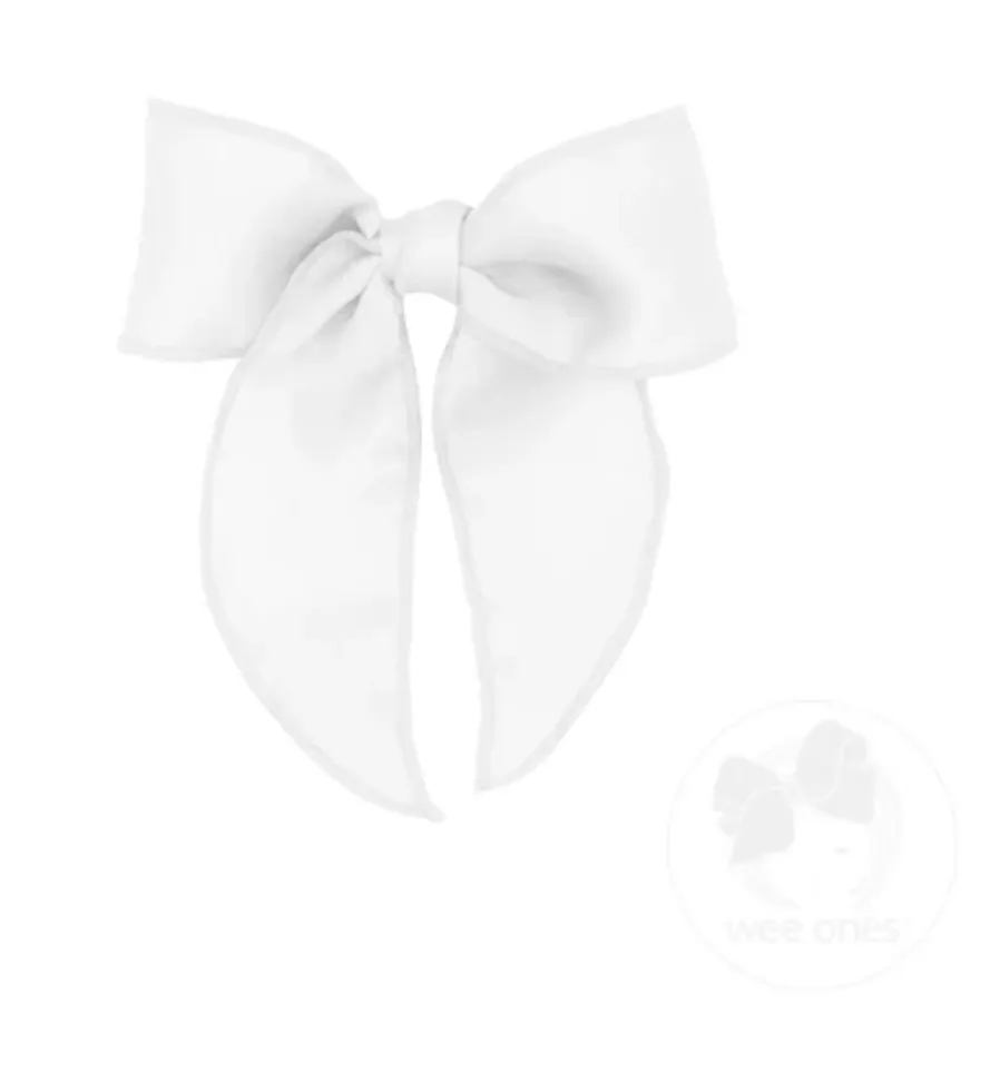 Wee Ones White Satin Bowtie with Twisted Wrap and Whimsy Tails