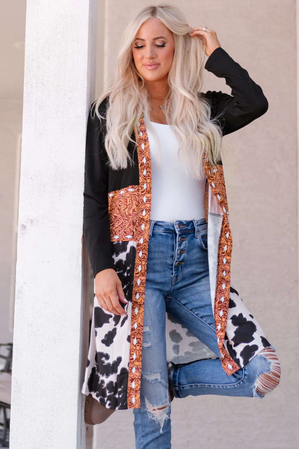 Western Pattern Open Front Cardigan