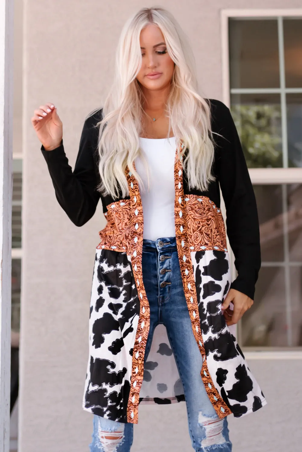 Western Pattern Open Front Cardigan