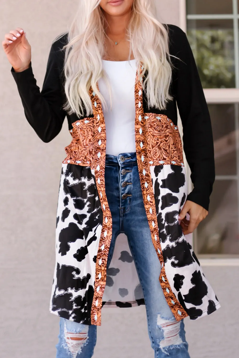 Western Pattern Open Front Cardigan