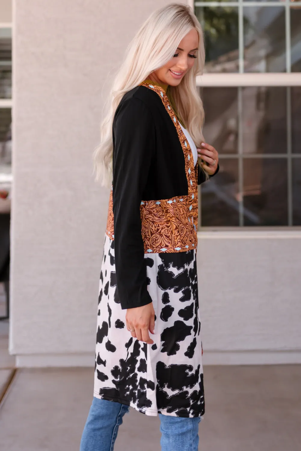 Western Pattern Open Front Cardigan