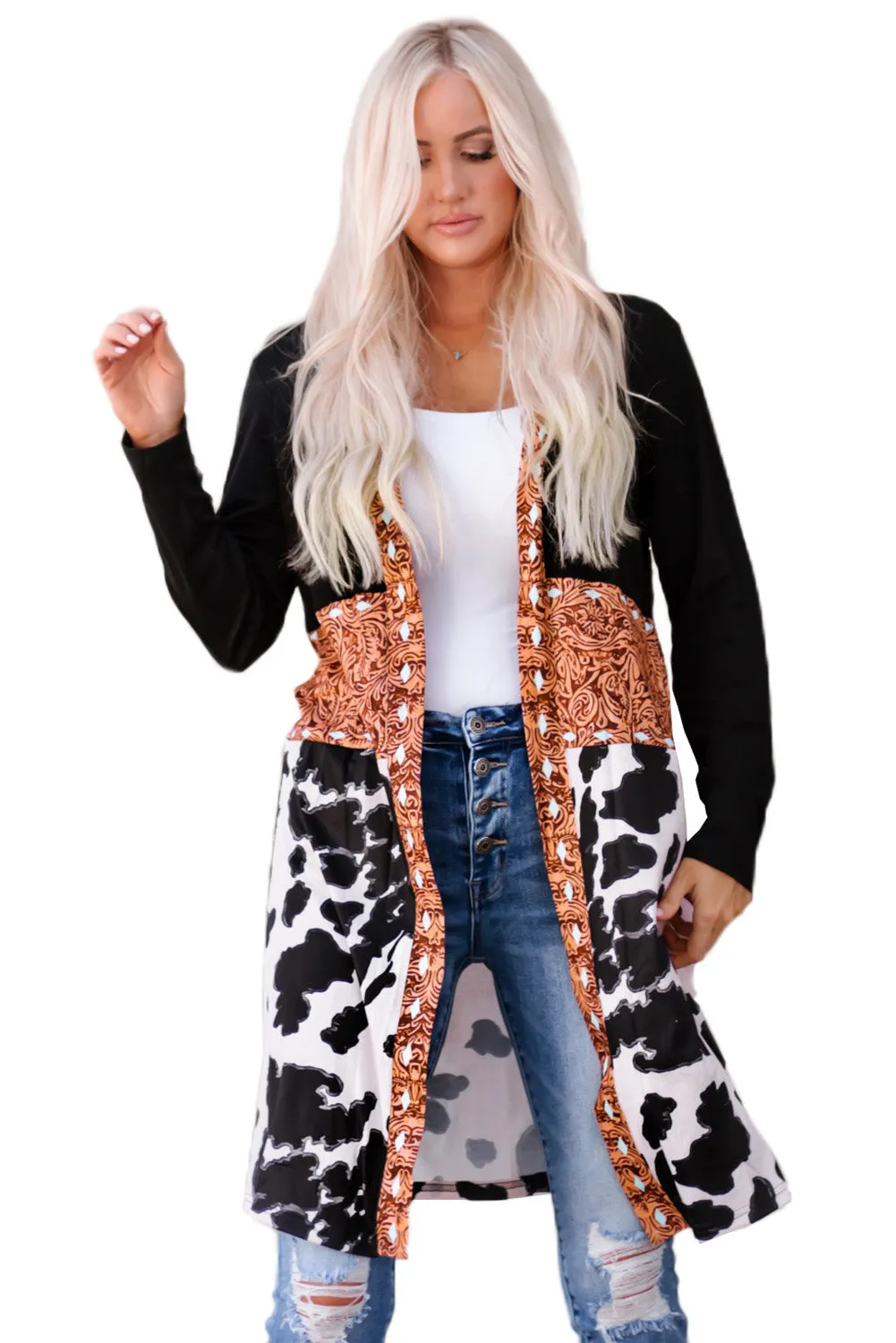 Western Pattern Open Front Cardigan