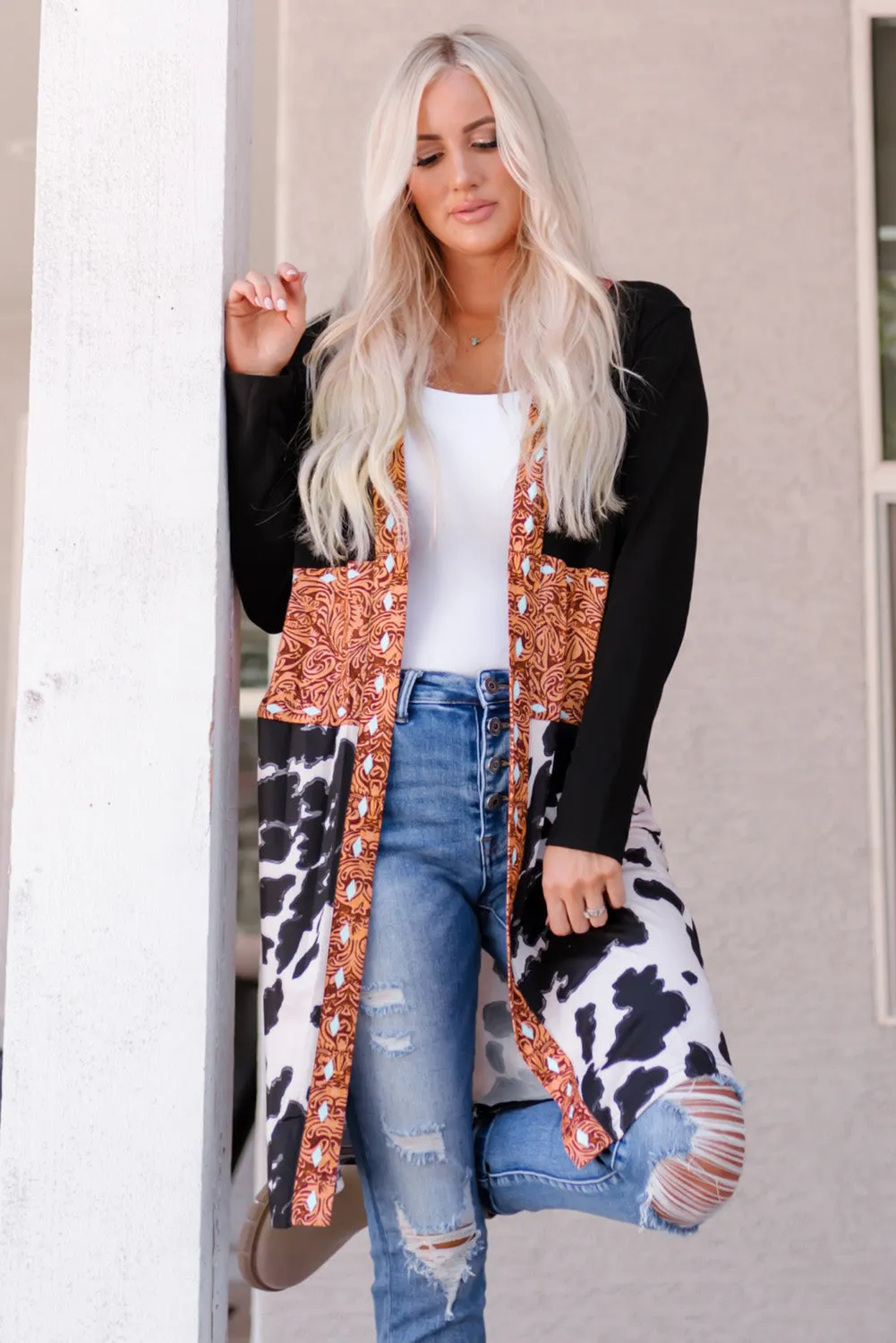 Western Pattern Open Front Cardigan