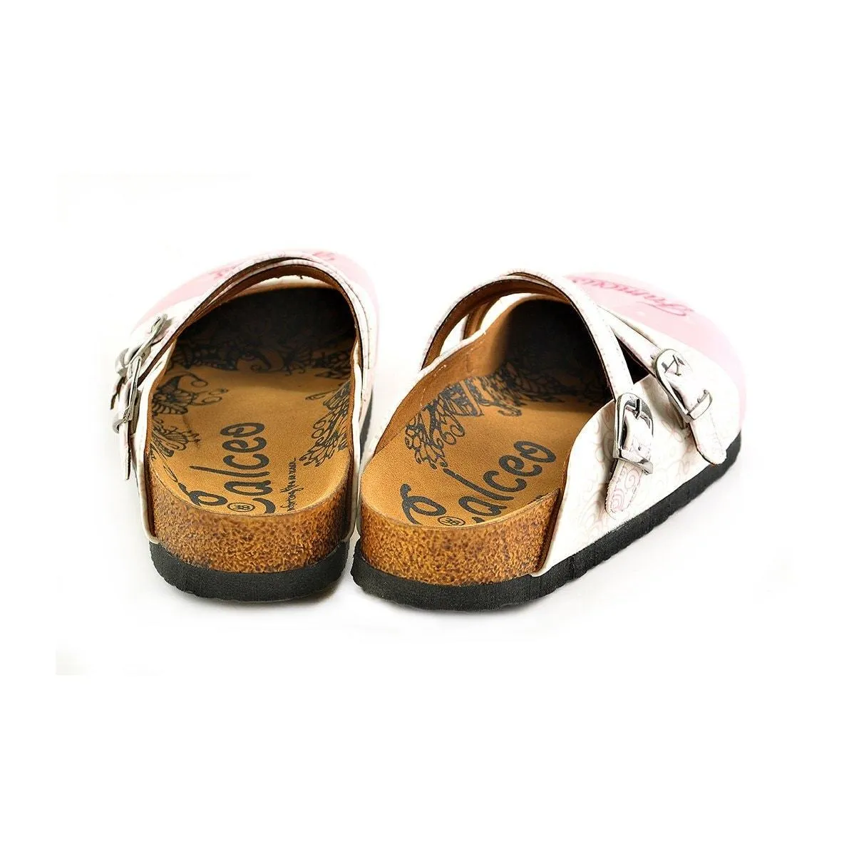 White and Pink Colured Flowers and Famous Written Patterned Clogs - WCAL151