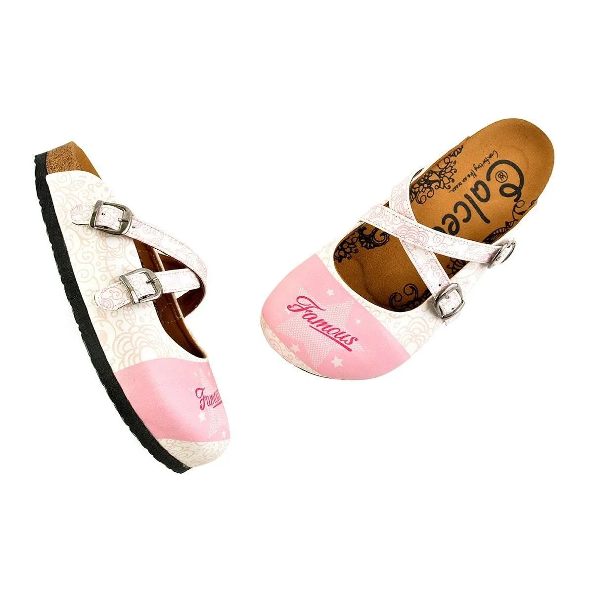 White and Pink Colured Flowers and Famous Written Patterned Clogs - WCAL151