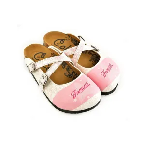 White and Pink Colured Flowers and Famous Written Patterned Clogs - WCAL151
